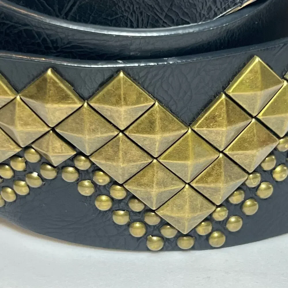 Vintage Y2K Size Medium Black Brass Rivets Wide Faux Leather Belt Punk Rocker